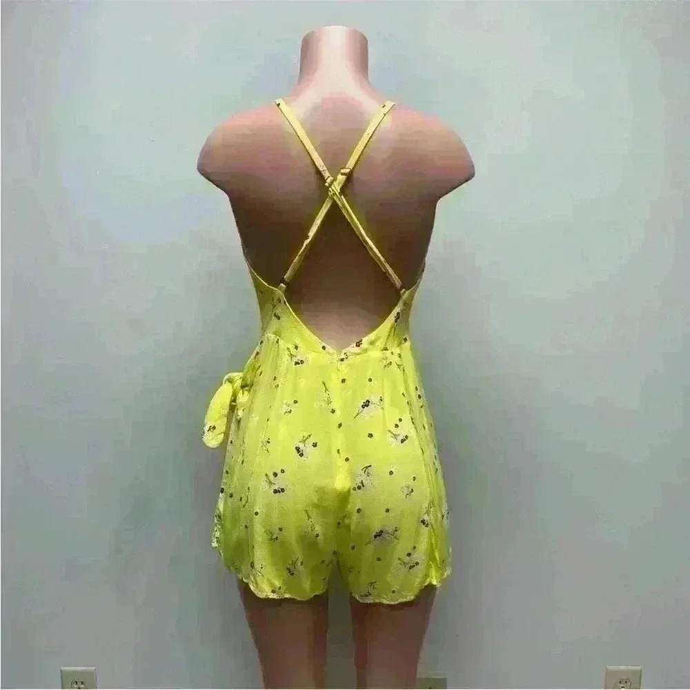 Free People Electric Yellow Floral Sleeveless Tango At Night Wrap Romper 10 - Picture 5 of 15